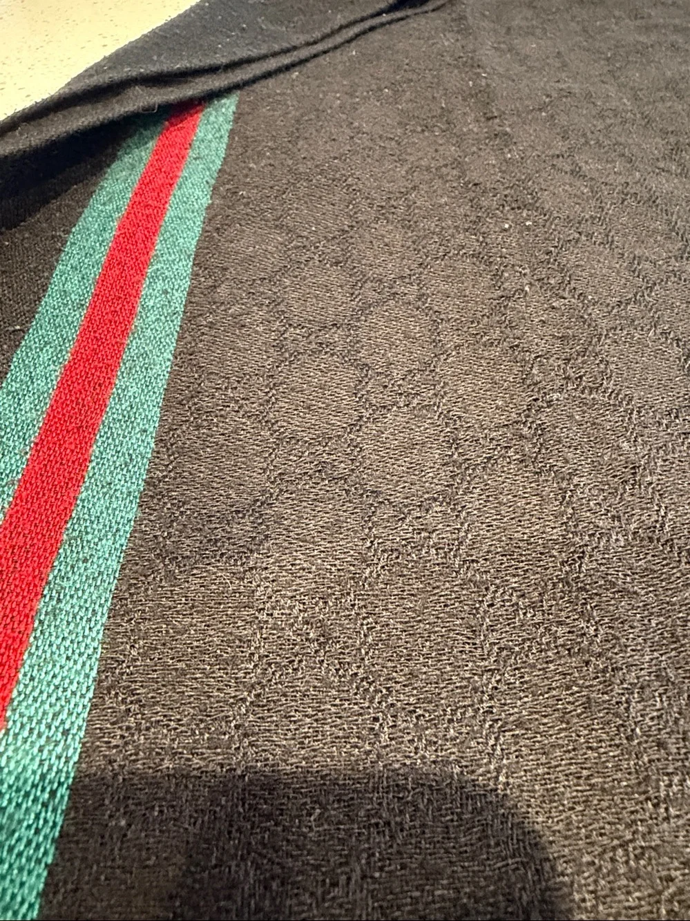 Gucci Black Scarf with Red and green Stripe Detail. Tag missing.